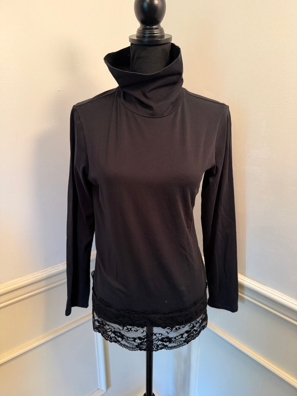 Sundance Elan Black Mock Neck Lace Trim Long Sleeve Top Minimalist Capsule